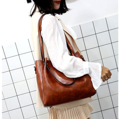 Set 4 Genti Vintage Cognac, Piele ecologică fină maro