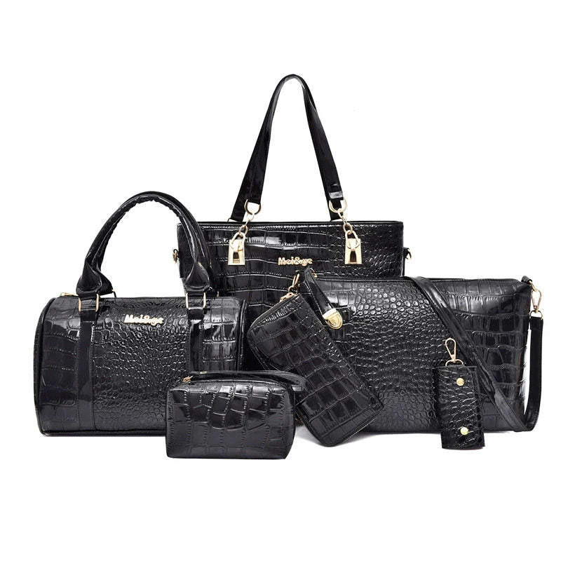 Set 6 Genti Piele Ecologică, Aspect Crocodil, Negru – Gento
