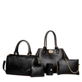 Set 5 Genți Elegance Noir - Model Piele de Crocodil, Accente Aurii
