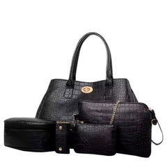 Set 5 Genți Elegance Noir - Model Piele de Crocodil, Accente Aurii