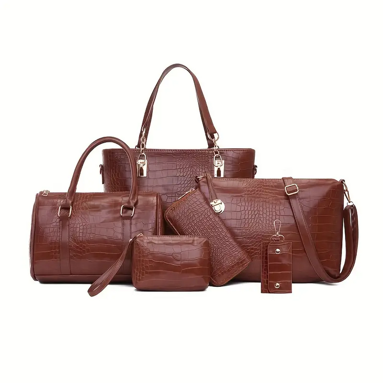 Set 6 Genti Textură Piele de Crocodil, Maro – Gento